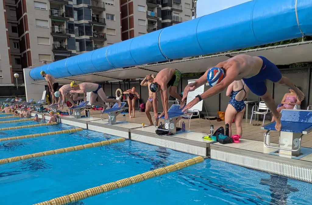 A full lane of swimmers launching off the starting blocks at once, the nearest already extended flat over the water.