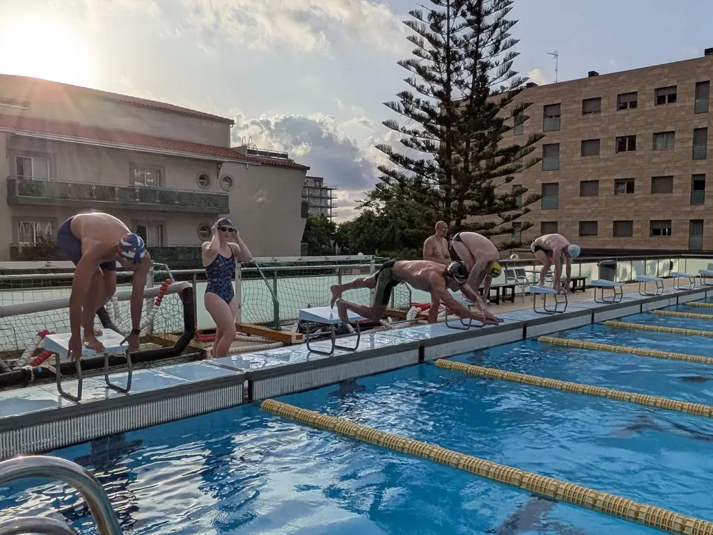 A line of swimmers waiting on the starting blocks in low sun, all of them still upright.