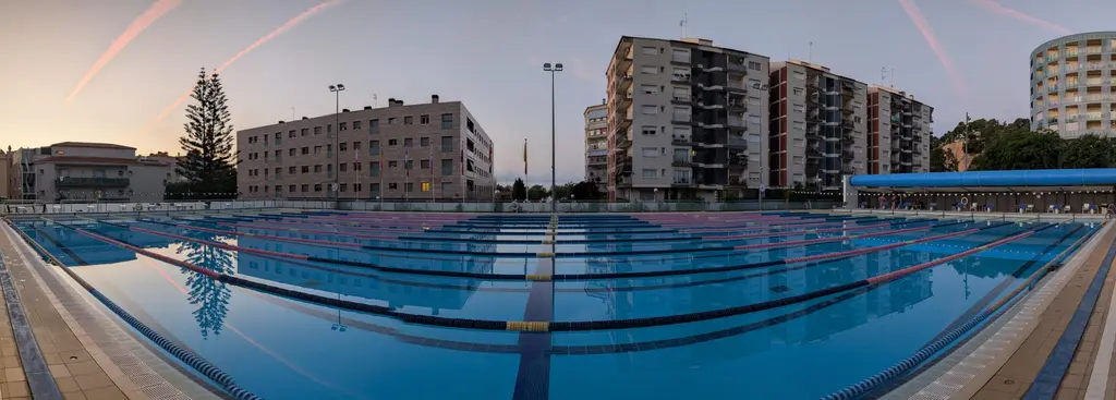 Wide panoramic view of a still fifty metre pool reflecting the sky and a tall pine before anyone has entered the water.