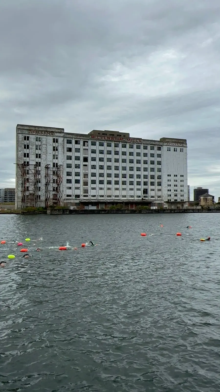 The derelict Millennium Mills building across grey dock water, a scattered line of swimmers and orange tow floats crossing the foreground.